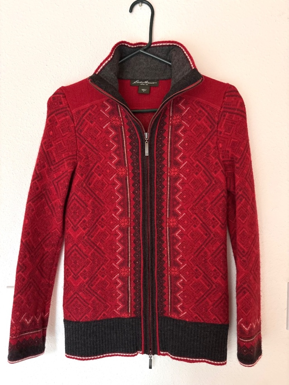 Eddie Bauer Ruby Red Zip-Up Nordic Snowflake Wool Sweater